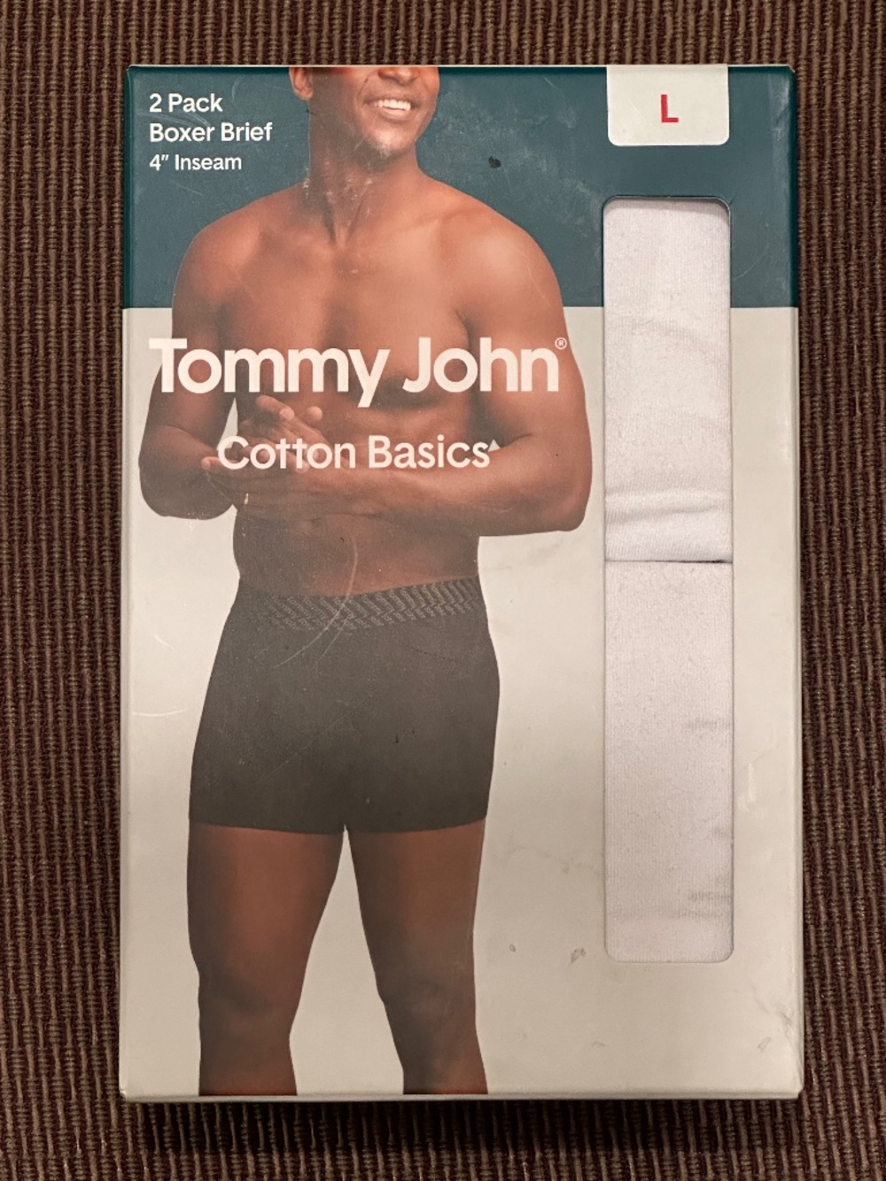 Two-pack of Tommy John Cotton Basics 4" Inseam Boxer Briefs for men in size Lar
